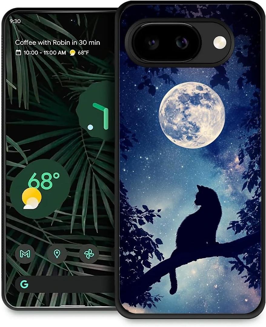 CARLOCA Compatible with Google Pixel 10A Case for Girls Boys Hard Shell Shockproof Protection TPU Non Slip for Google Pixel 10A Fashion Pattern Black Cat Sitting Tree Starry Sky Moon