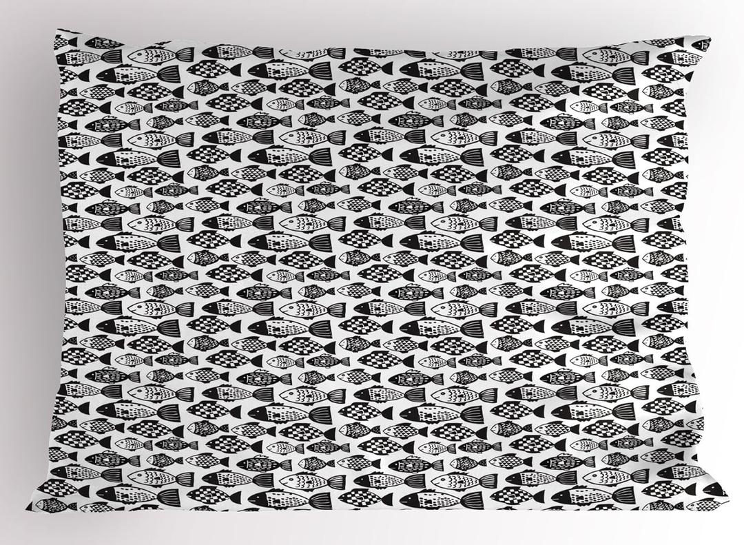 Lunarable Black and White Pillow Sham, Doodle Style Monochrome Ornamental Fish Squares and Dots Pattern, Decorative Standard Size Printed Pillowcase, 36" X 20", White Charcoal
