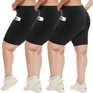 HLTPRO 3 Pack Plus Size Biker Shorts with Pockets for Women (S-4XL)- 8"/5"/3" High Waist Tummy Control Shorts for Yoga (Black/ Black/ Black), 3 XL