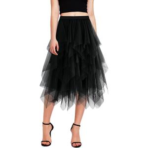 Tulle Skirts for Women Mesh Tiered Layered Tutu Skirt, High Low Elastic Waist Party Midi Tulle Skirt, Size 2