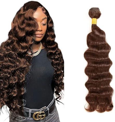 Chocolate Brown Human Hair Bundles Color 4 Deep Wave Bundles Niegmeag Peruvian Grade 8A Virgin Remy Hair 1 Bundle 18 Inch Double Weft Hair Weave 100g