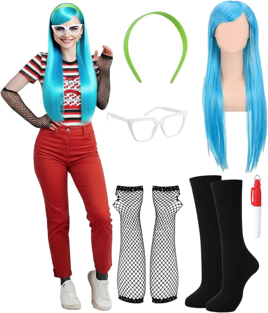 Hoteam 8 Pcs Halloween Women Costume Accessories Set Include Blue Wig Green Wide Headband White Glasses Black Fishnet Gloves over The Calf Socks Red Pen for Halloween Party