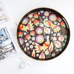 Spsyrine Decorative Serving Tray with Handles, Lacquered Coffee Table Tray for Ottoman, Round Waterproof Platters for Centerpieces, Parties, Living Room, Kitchen Counter Organization Peacock, 12-inch (30 cm)