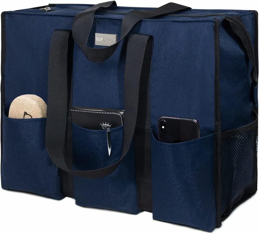 TOPDesign Utility Water Resistant Tote Bag with 13 Pockets, Top Zipper Closure & Thick Bottom Support, for Working Women (Large, Blue)