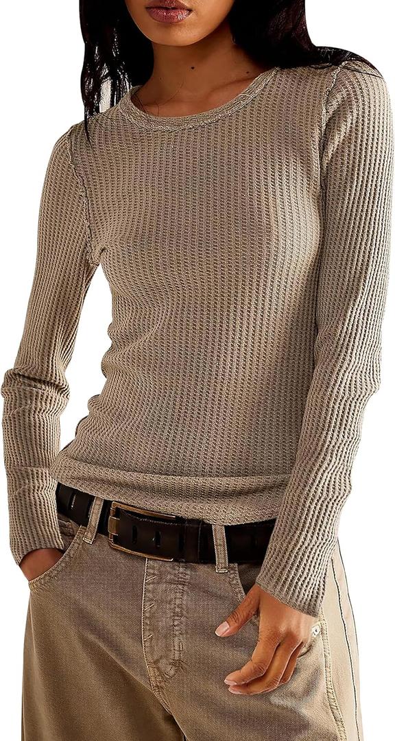 Jar of Love Long Sleeve Shirts for Women Waffle Knit Tops Crew Neck Thermal Shirts Fall Outfits Fahsion Clothes