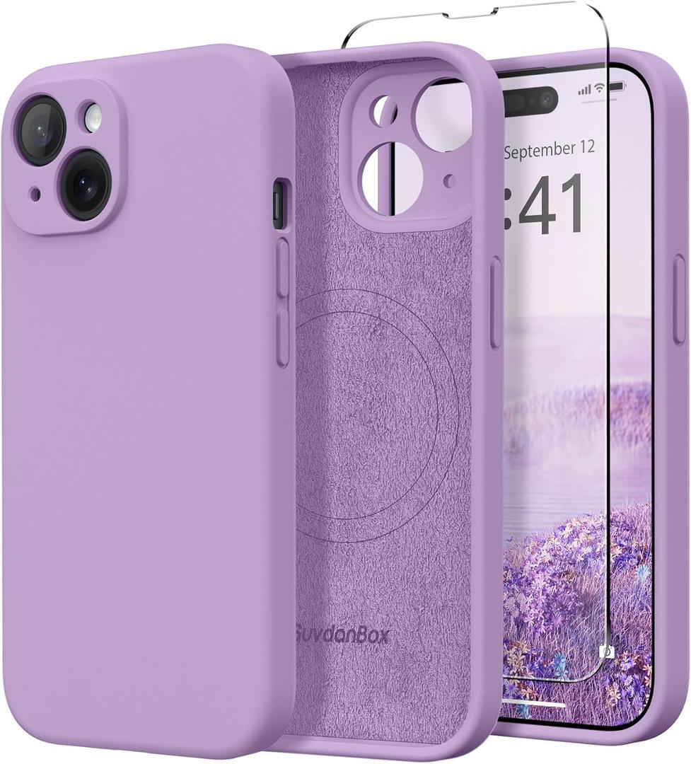SuydanBox Magnetic for iPhone 14 Case, Compatible with MagSafe, [Full Camera Protection][2 Screen Protectors] Silicone Shockproof Protective Phone Case for iPhone 14 6.1 inch, Light Purple