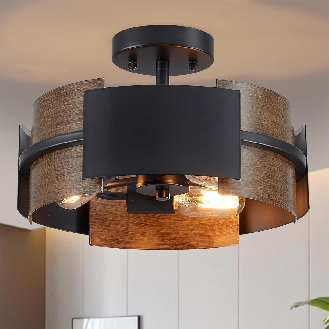 Farmhouse Small Ceiling Light, 12.9" Round Chandelier 3-Light Height Adjustable Pendant Lighting Fixture Black and Faux-Walnut Finish for Dining Room Kitchen Foyer Corridor