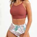 Herseas Women's Bikini Sets High Neck Tropical Leaf Print High Waisted Two Pieces Swimsuits Bathing Suits. L Size