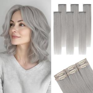 Clip in Short Hair Extensions Real Human Hair,Prokyvity Short Hair Extensions Clip ins,Mini Hairpieces for Volume & Highlights,Seamless & Invisible Design,6 Pieces 31g 10 inch Light Gray