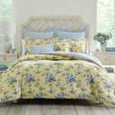 Laura Ashley - King Duvet Cover Set, Reversible Cotton Bedding with Matching Shams, Includes Bonus Euro Shams & Throw Pillow Covers (Cassidy Yellow, King) (Soft Yellow/Green/Blue)