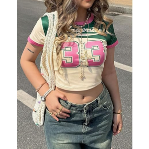 RoseSeek Women's Retro Jersey Shirts Number Graphic Short Sleeve Crop Tops Crewneck Tight T Shirt Streetwear