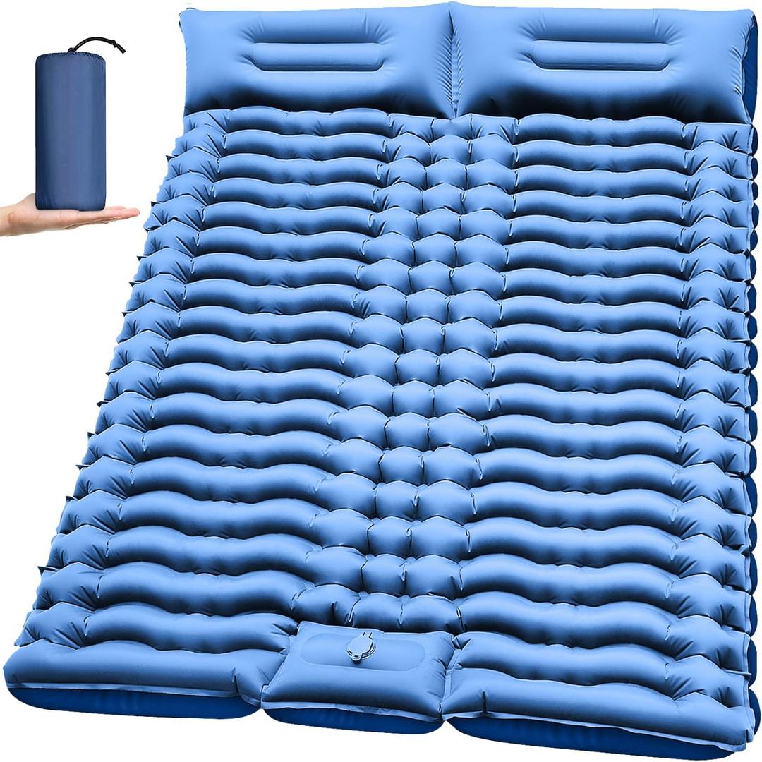 Double Sleeping Pad for Camping- Self Inflating 4"" Extra-Thick with Pillow Built-in Foot Pump Inflatable Sleeping Mat for Backpacking, Hiking, Traveling, Tent, Full, Blue, ZYK-SRBT-01