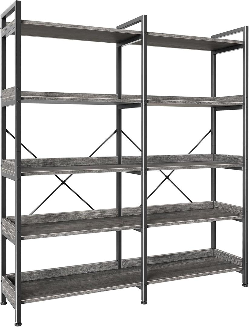 Huuger 5 Tier Bookshelf, Display Bookshelf with 10 Open Shelves and Raised Baffle, 47.2 Inch Straight Wide Bookcase with Metal Frame and Wooden Board, Adjustable Feet, Grey