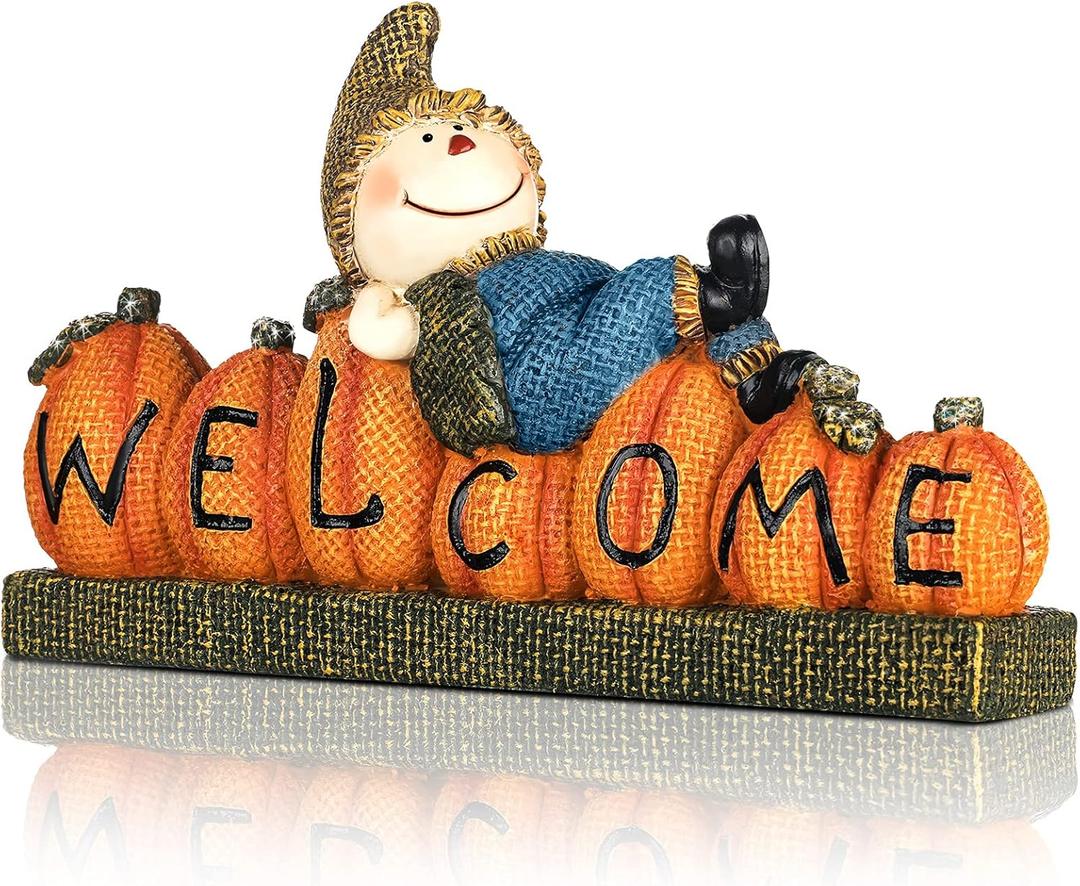 Shellwei Scarecrow Thanksgiving Decor Gift Fall Pumpkin Welcome Figurines Resin Table Decor Fall Tiered Tray Decorations for Halloween Thanksgiving Indoor Outdoor Decorations