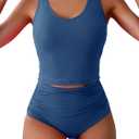 Eomenie Two Piece Tankini Swimsuits for Women Tummy Control Bathing Suits Cutout Back Swim Tank Top with High Waisted Bottom (Large, Denim Blue)