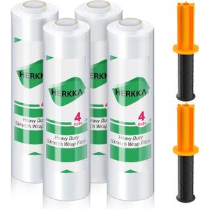 Stretch Film, HERKKA Stretch Wrap with Handles Industrial Strength, Moving Wrapping Plastic Roll, Shrink Wrap for Pallet Wrap, 15" x 1000 Feet, 4 Pack, 60 Gauge