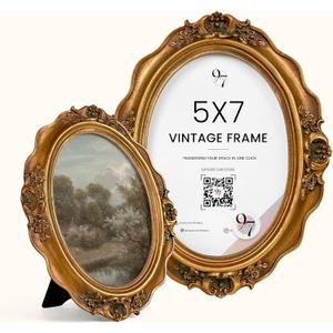 97 Decor Antique 5x7 Oval Picture Frame - Vintage Oval Frame 5x7, Gold Photo Frames 5 X 7 With Glass Front For Tabletop Display And Wall Hanging, Ornate Victorian Poster Frames 5 By 7