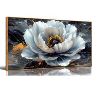 White Flower Pictures for Living Room Wall Decor - Modern Prints Wall Art for Bedroom - Wooden Framed Wall Art for Office Size 20" x 40"
