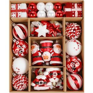 Christmas Ball Ornaments Set, 55 ct Red White Assorted Xmas Elements Theme Ornaments, Shatterproof Decorative Hanging Ball Ornaments for Holidays Party Wedding Christmas Tree Decoration (Santa Claus)