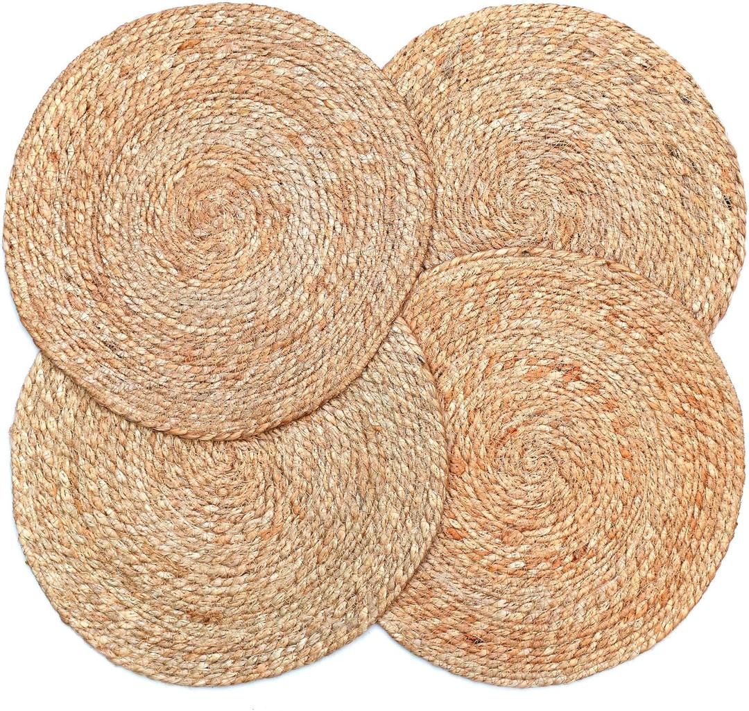 Eco-Crave Natural Round Jute Rope Placemats Set of 4, 100% Handmade 13 Inch Woven Place Mats, Multipack Boho Farmhouse Rustic Wicker Table Mats for Jute Rope Braided Chargers, Dining, Dinner Plates