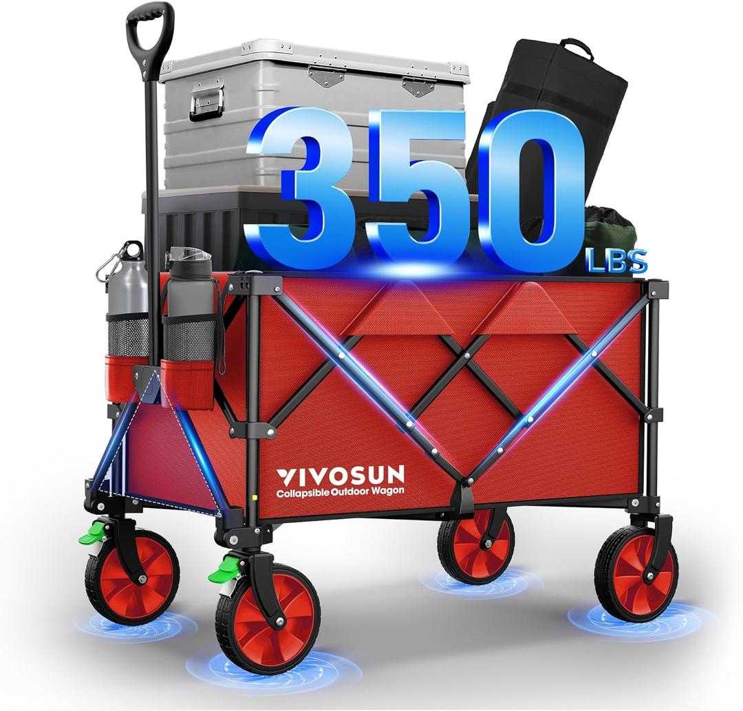 VIVOSUN Collapsible Folding Wagon, 350 lb Load-Bearing Outdoor Utility Cart with Silent Universal Wheels, Cup Holders &Side Pockets, Adjustable Handle, for Camping, Garden, Sports, Picnic, Shopping (Red)