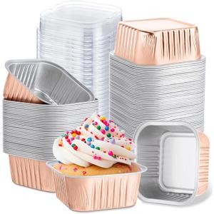 Skylety 100 Pcs 5 oz Mini Square Baking Pan with Lid Aluminum Foil Cupcake Pan Brownie Baking Cup Disposable Ramekins Individual Tin Dessert Containers for Kitchen, Food Grade Material(Champagne)