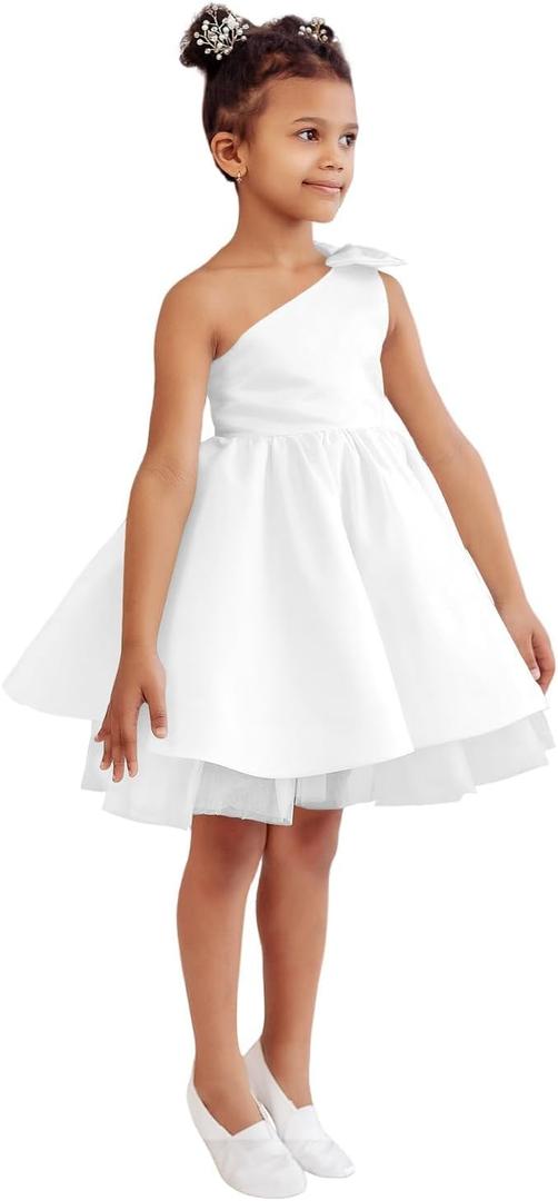 Toddler Wedding Guest Party Dress Short One-Shoulder Flower Girl Tutu Dresses for Formal Graduation Party White Satin Tulle Princess Pageant First Communion Dress for Girls Bow-Knot 06 (White, XS)