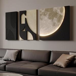 3D Textured Black and White Abstract Wall Art with LED Lights Moon Design, 3 Piece Modern Wall Paintings Artwork for Walls, Minimalist Neutral Black Beige Wall Decor for LIving Room, Hallway, Bedroom (24" H x 52" W (Total Size))