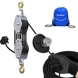Block and Tackle Pulley System, 2200lbs for Lifting Objects, 4-Wheel Rope Pulley Hoist, 7:1 Lifting Power, 65Ft of 5/16” Rope, for Hunting Lifting Heavy Objects Garage Warehouses Building(Black)