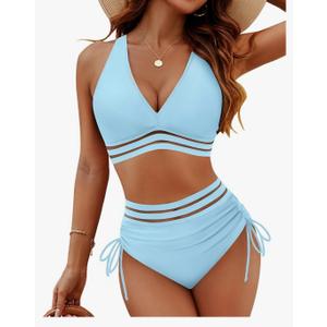 Blooming Jelly Women High Waisted Bikini Sets Tummy Control Swimsuits Color Block Two Piece Drawstring Bathing Suit M