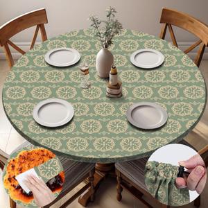 Fitted Round Tablecloth Wipeable Table Cloths Vinyl Indoor Outdoor Circle Covers for 36-44inch Table Dining Living Room Home Must Haves Gifts Summer Fall Patio Picnic Camping Garden Stuff