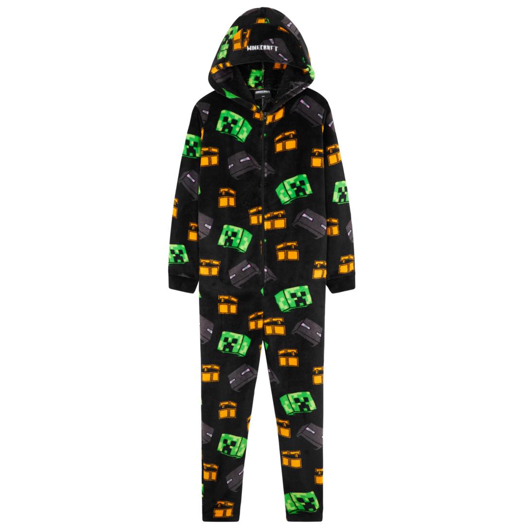 Minecraft Boys Fleece Hooded One-Piece Pajamas, Warm Fleece Hooded Loungewear Suit for Boys - Gifts for Gamers (Black/Multi, 7/8 Years)