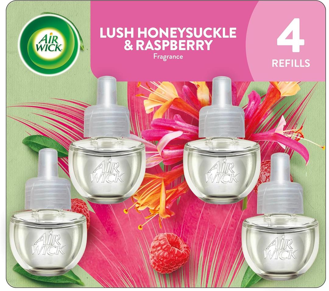 Air Wick Plug In Scented Oil Refill, Infused with Essential Oils, Plug In Air Fresheners for Home, Honeysuckle & Raspberry, 4 ct