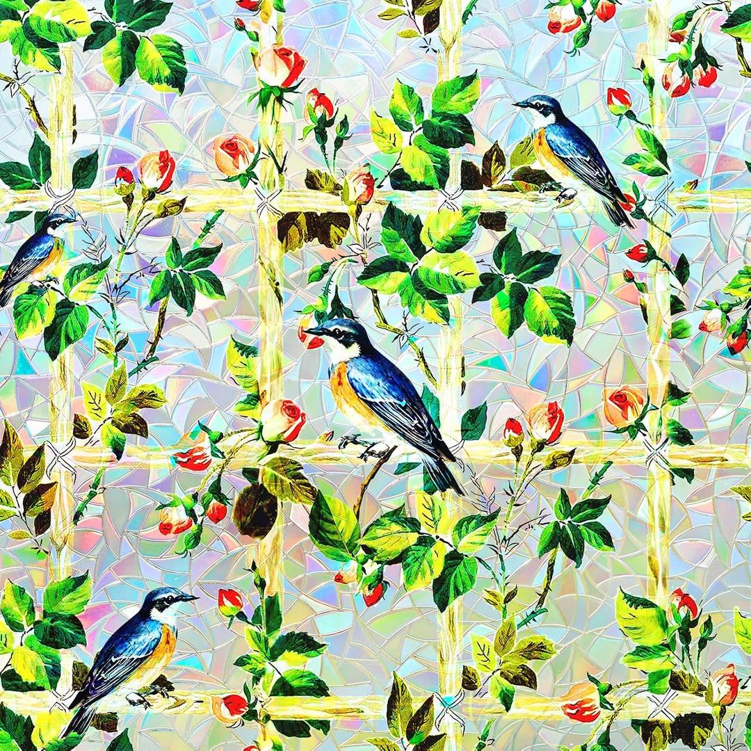 4 x Coavas Stained Glass Window Film, Rainbow Privacy Window Cling, Anti UV Static Cling No Adhesive Decorative Tint, Renter Friendly for Home Bathroom Door Kitchen (Bird Florals, 17.5 x 78.7 inch)