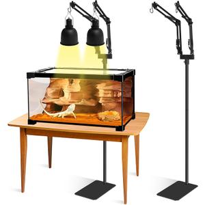 Dual Reptile Lamp Stand - Adjustable Height (15.7in to 74.3in) Metal Light Holder with 2 x 360 Adjustable Arms for Hanging Heat Lamp Fixture Dome Lampshades in Tank and Glass Terrarium