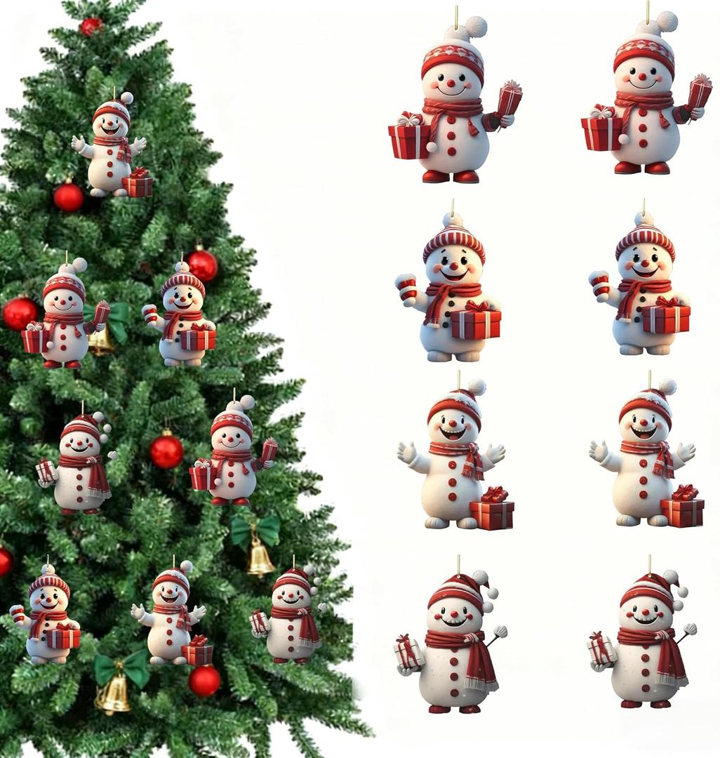 8pcs Cute 2D Snowman Acrylic Christmas Tree Ornaments, Suitable for Christmas Trees, Home Decoration, Holiday Party Decoration, and New Year Decoration (White)