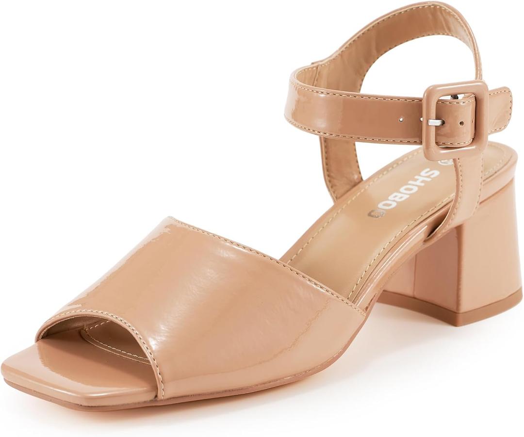 Women's Short Chunky Block Heels Strappy Heel Sandals with Square Toe Casual Dress Shoes (8, Peep-toe Beige)