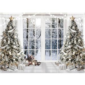 WOLADA White Christmas Photography Backdrop Snowy Winter Window Scene Christmas Trees Gifts Snowy Forest Background for Holiday Portraits Christmas Parties Studio Props Festive Decor 8x6FT FW74