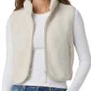 Cropped Fleece Vest Women Zip Up Stand Collar Warm Sherpa Vest Fall Cute Sleeveless Fleece Waistcoat with Pocket (Large, Beige)