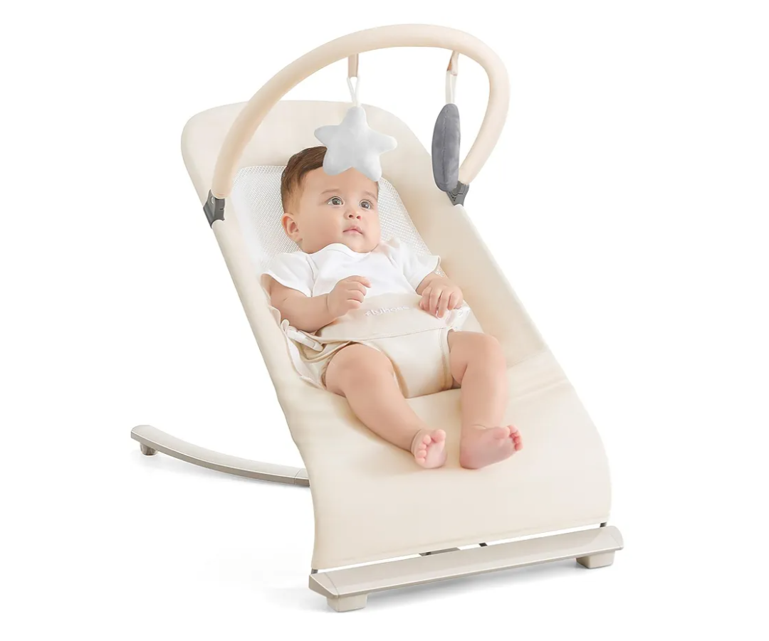 3-in-1 Portable Baby Bouncer & Rocker Chair for Newborn to Toddler - 4 Adjustable Recline Positions, Breathable Cotton Fabric, Natural Vibration, Supports Up to 33 lbs (Oatmeal Khaki)