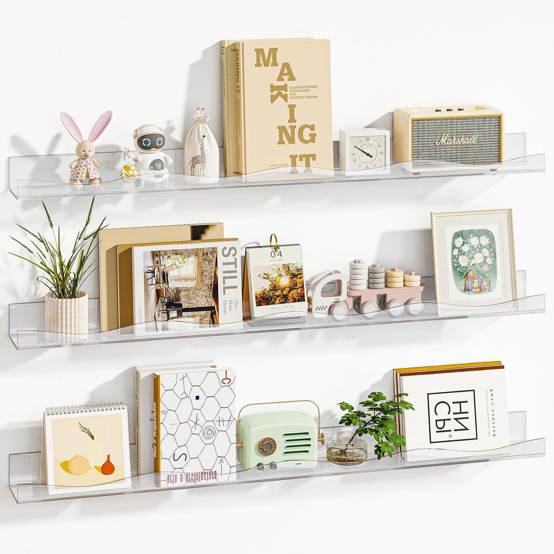 Fixwal Acrylic Nursery Shelves, 24 Inch Floating Wall Mounted Nursery Shelves, Set of 3 Floating Bookshelves for Kids and Nursery (Iridescent