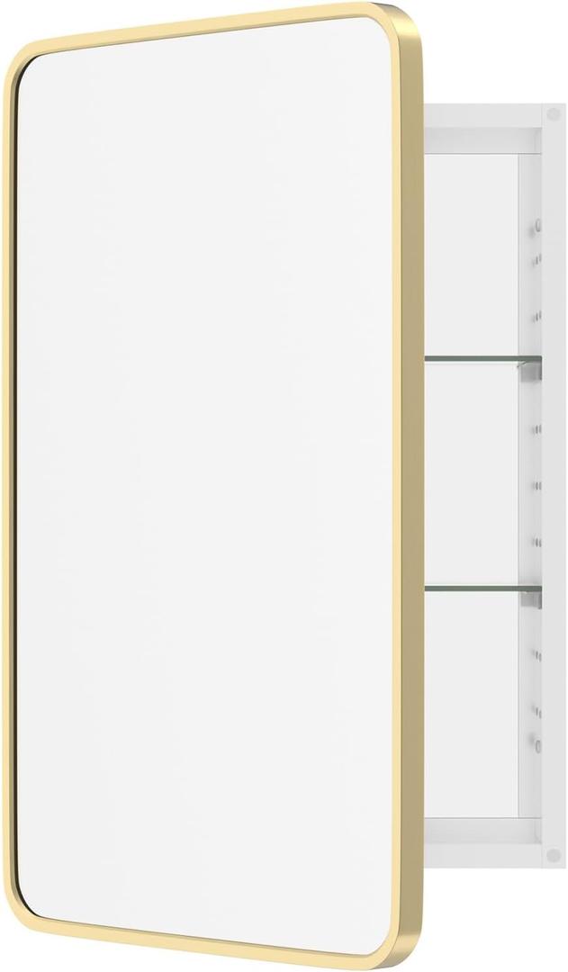WallByond Bathroom Medicine Cabinet with Mirror, 19x30 Inch Gold Recessed Medicine Cabinet with Round Corner Aluminum Alloy Metal Framed, Single Door Modern MedicineMabinet with Storage
