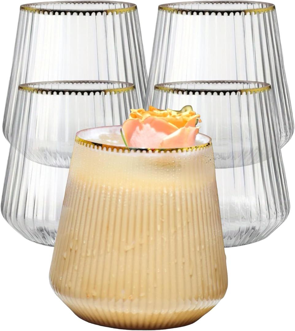 36 count Origami Ripple Unbreakable Stemless Plastic Wine Champagne Whiskey Glasses Elegant Durable Disposable Indoor Outdoor Ideal for Home, Office, Bars, Wedding, Ribbed 12 Ounce Cups (Gold Rim)