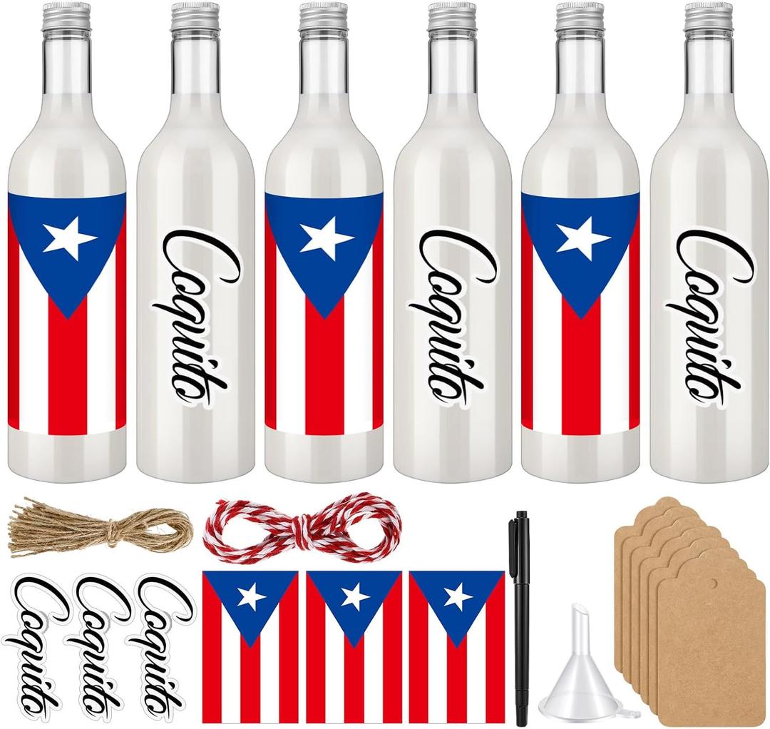 12 Set 25 oz Christmas Coquito Plastic Wine Bottles for Homemade 750ml Airtight Empty Clear Coquito Liquor Bottles with Bow Puerto Rico Label Stickers Lid for Home Brewing Xmas Gifts