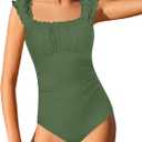 Teen Girls Swimsuit One Piece Bathing Suit Ruched Square Neck Twist Back Solid Color Girls' Swimwear for Beach Pool
