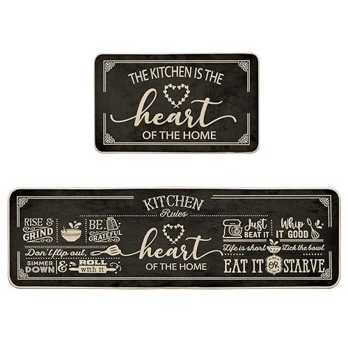 Voanos Black and White Kitchen Rugs, Non Skid Washable Microfiber mats for Kitchen Floor, Kitchen Rules Theme Cushioned Runner Rug Decor Sets of 2, Size 17"x 47"+17"x 30"