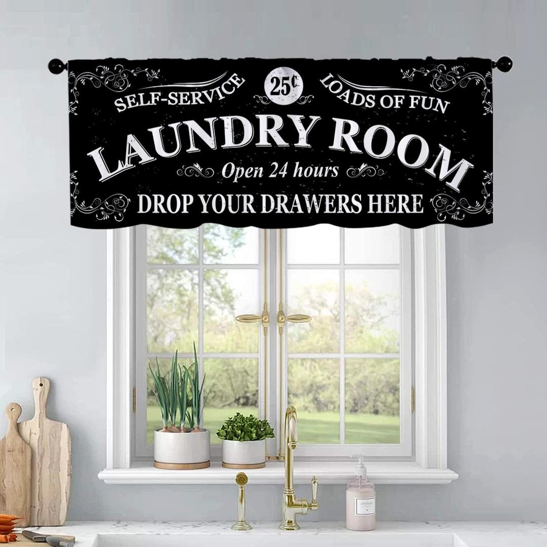 Black Kitchen Curtains Laundry Room Design for Windows Valances Rod Pocket Curtain Valance for Bathroom Living Room Cafe Home Decor (Laundry Room, 18"x54"-1pc)