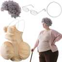 4 Pcs Halloween Fat Old Lady Costume, Fake Belly and Chest Fat Suit, Granny Wig Cap Glasses Necklace for Cosplay Party (Gold)