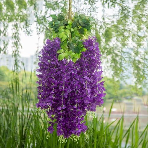 WEISPARK Fake Hanging Flowers - 12 Pieces 3.75 Feet/Piece Artificial Wisteria Vine Ratta Hanging Garland Silk Flowers for Home Party Wedding Decor (Purple)