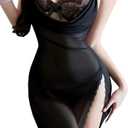 iRACHEU Women's Lace Trim Lingerie Dress with Adjustable Straps, Sheer Mesh Chemise Nightwear,Babydoll Dress Pajamas with Pantie (Black, XL(60-70kg))